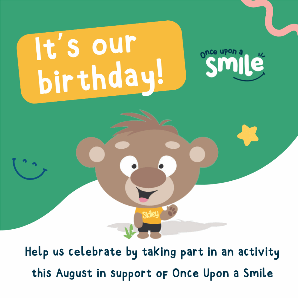 It's our birthday! A green and white wave background with the charity logo and a cartoon bear waving.