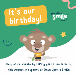 It's our birthday! A green and white wave background with the charity logo and a cartoon bear waving.